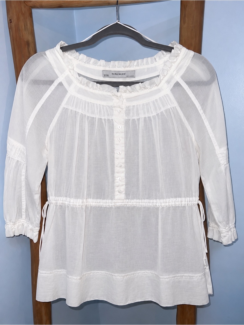 Zara White Ruffled Peasant Tunic Top